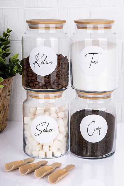Home 800 Ml Capacity Set of 4 Glass Jar - Wooden Vacuum Lid, Labeled Tea Sugar Coffee Salt Storage Container (with Spoon)