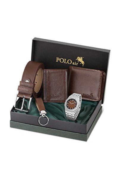 Polo Air Erkek Kol Saati Kemer Cüzdan Kartlık Anahtarlık Kombin Set Gümüş-Kah...