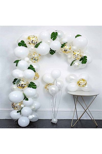 HKNYS 100 Pieces White Gold Confetti Engagement-wedding-birthday Balloon Set 5 Meters Balloon Chain