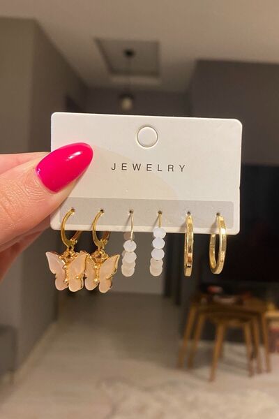 C&E Design Kadın 6'lı Krem Kelebek Küpe Seti