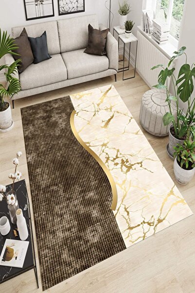 SÜNGERSAN Krem Kahve Tonlarında Altın Detaylı Kaymaz Taban Sünger Dolgulu Mak...