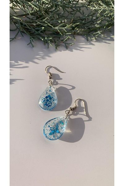MISS GOLDEN Transparent Epoxy Earrings with Blue Glitter Decoration and Silver Accessories - Small Drop Shape Handmade