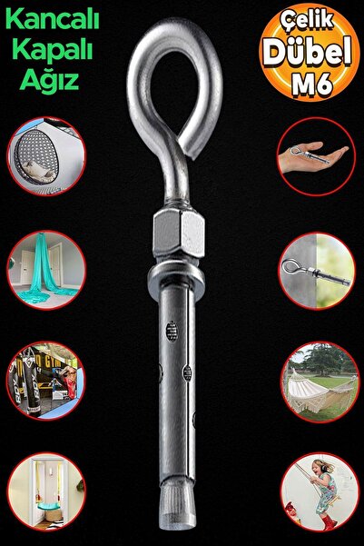 Badem10 Kancalı Çelik Dübel Salıncak Tavan Boks Torbası Avize Asma Aparatı Asacağı Kapalı Ağız Kanca M6