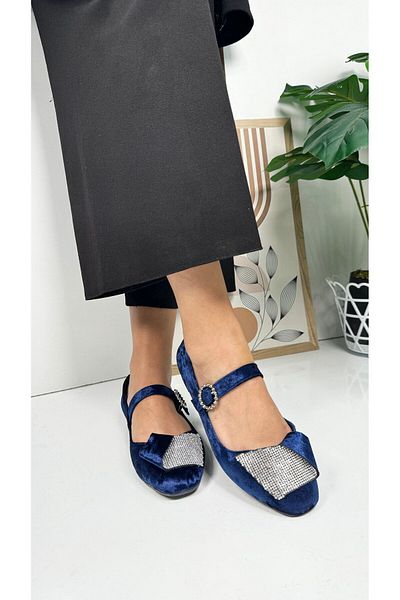 Allyup Blue Velvet Stone Shoes for Women - Single Strap, Oval Toe, Serrated Sole, Daily Use 285