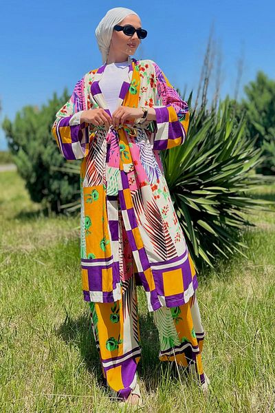 julude Set de hijab cu kimono și pantaloni cu imprimeu floral colorat