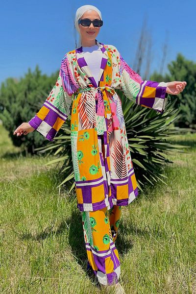 julude Set de hijab cu kimono și pantaloni cu imprimeu floral colorat