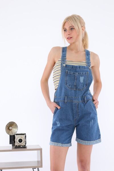 PodiumStar Kadın Mavi Askılı Kot Salopet Şortlu Tulum