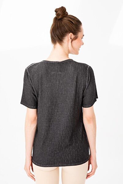 Desen Triko Women's Turn-down Collar Short Sleeve Jacquard Fabric Blouse Black