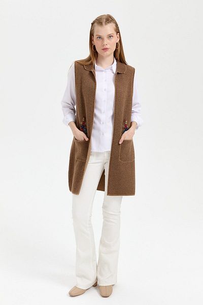 Desen Triko Women's Polo Neck Open Front Embroidered Long Wool Vest V.Camel