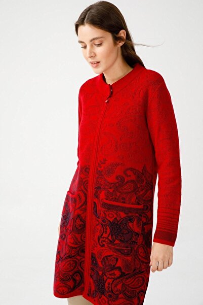 Desen Triko Women's Judge Collar Paisley Patterned Long Coat Dark Red