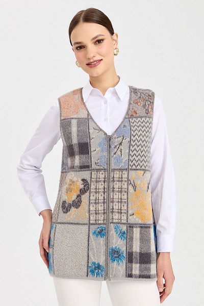 Desen Triko Vestă de damă cu decolteu în V patchwork gri închis