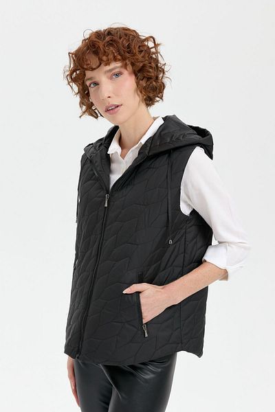 Desen Triko Leaf Patterned Hooded Black Women's Vest