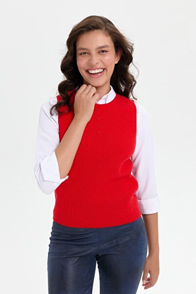 Desen Triko Coral Colored Women's Sweater - Zero Collar, Seamless, Buttoned