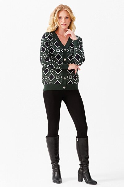 Desen Triko Women's V-Neck Square Patterned Cardigan Nefti