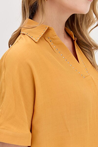 Desen Triko Women's Collar Stoned Maroken Shirt Mustard