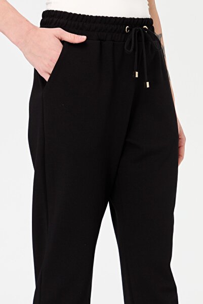 Desen Triko Kadın Paça Arkası Lastikli Cepli Eşofman Pantolon Siyah