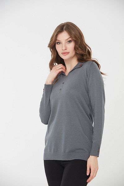 Desen Triko Women's Polo Neck Embroidered Sweater Smoked