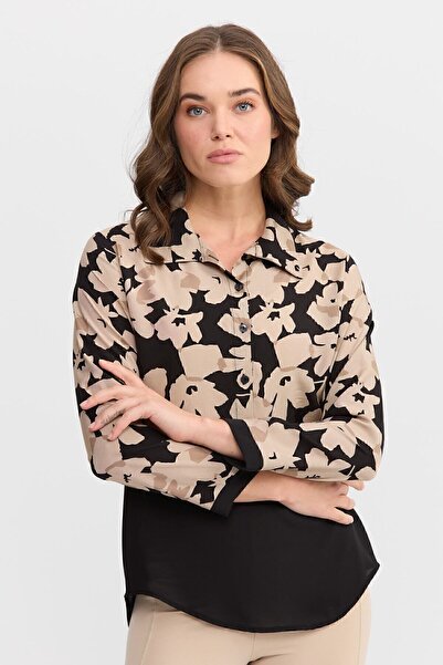 Desen Triko Cămașă Florală Două Culori Femei Neagră