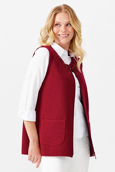 Desen Triko Women's Crew Neck Daisy Embroidered Wool Vest