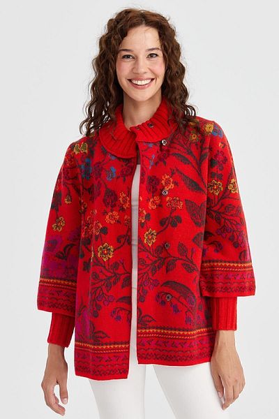 Desen Triko Women's High Collar Ivy Floral Wool Jacket Coral