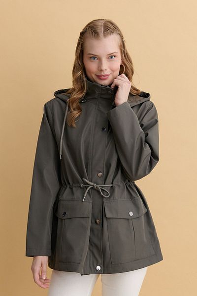 Desen Triko Green Short Trench Coat - Hooded and Flap Pocket