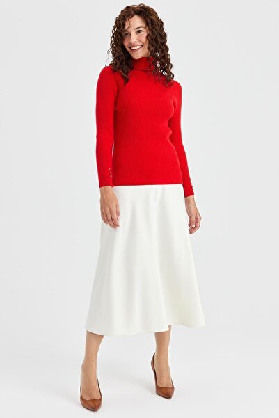 Desen Triko Women's Full Turtleneck Sleeve Buttoned Wool Sweater Coral