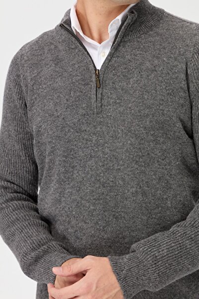 Desen Triko Men's Half Turtleneck Zippered Wool Sweater Smoked