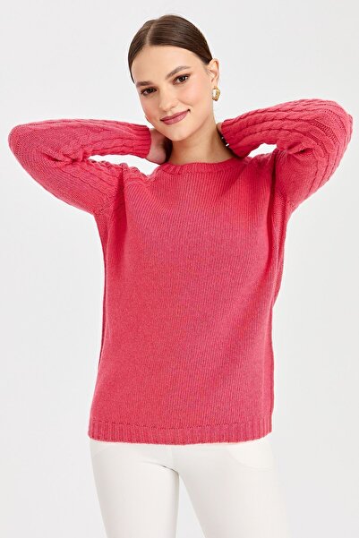 Desen Triko Women's Crew Neck Sleeve Hair Knitted Wool Sweater Y.Ş.Pink