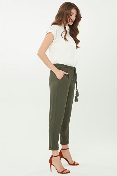 Desen Triko Khaki Women's Combed Cotton Trousers - Carrot Leg