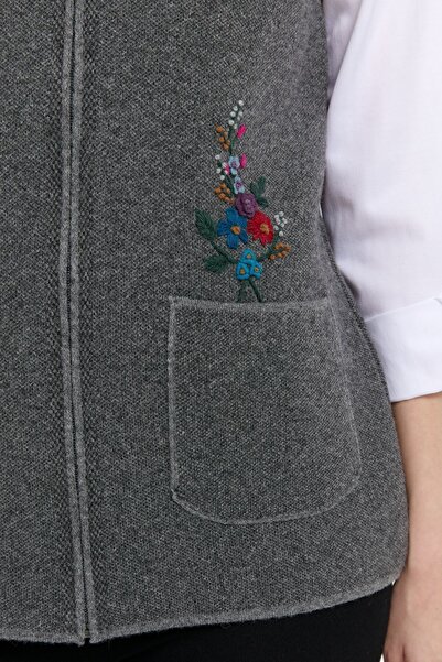 Desen Triko Smoke Color Women's Wool Vest - Null Collar and Pocket Embroidered
