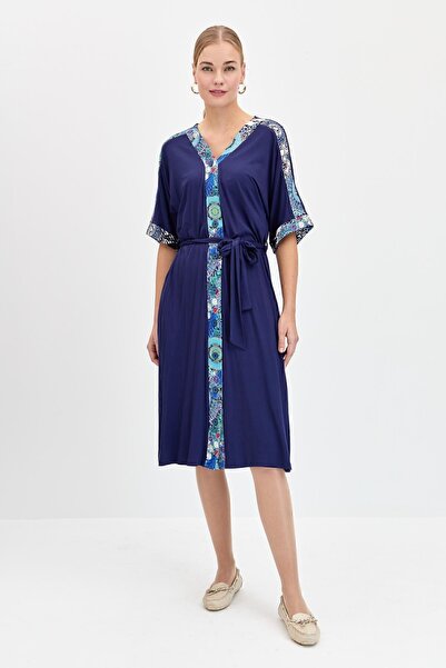 Desen Triko Kadın Karışık Desenli Önü Düğmeli Penye Elbise Lacivert