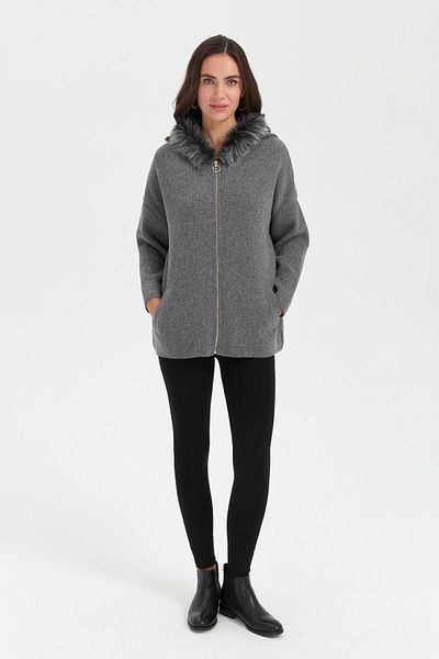 Desen Triko Women's Smoked Wool Cardigan - Furry Hood and Zipper