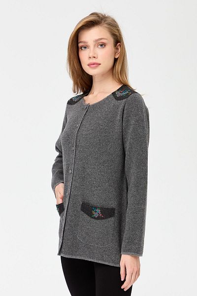 Desen Triko Women's Crew Neck Shoulder And Pocket Felt Embroidered Wool Cardigan Smoked