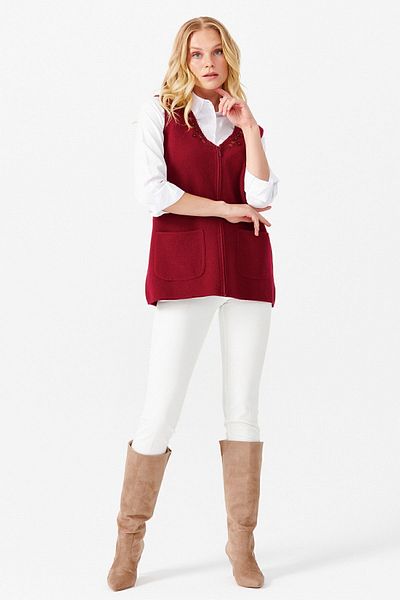 Desen Triko Women's V-Neck Embroidered Pocket Wool Vest