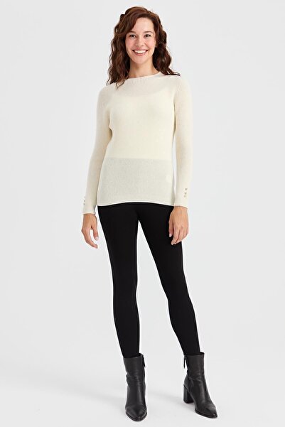 Desen Triko Women's Crew Neck Buttoned Wool Sweater Bone