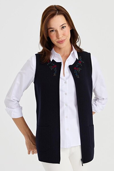 Desen Triko Women's Zero Collar Lace Embroidered Wool Vest Dark Blue