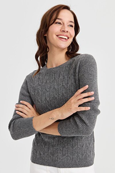 Desen Triko Women's Crew Neck Front Loose Wool Sweater Smoked