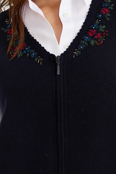 Desen Triko Women's V-Neck Lace Embroidered Wool Vest Dark Blue
