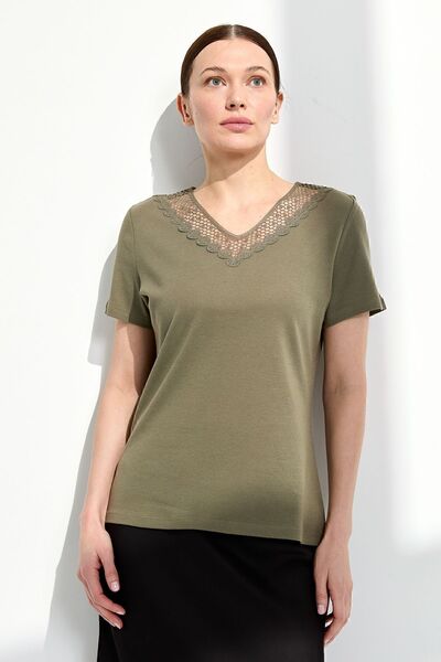 Desen Triko Tricou damă cu decolteu în V, guler din dantelă, kaki