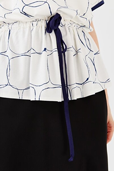 Desen Triko Women's Zero Collar Two Colors Combed Cotton T-shirt Ecru/Navy