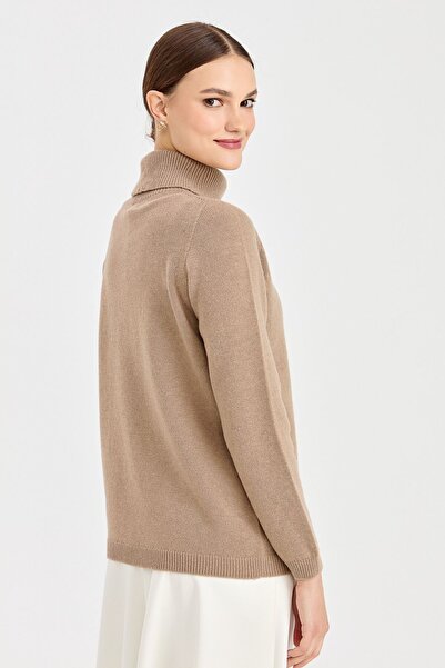 Desen Triko Women's Full Turtleneck Classic Wool Sweater Beige