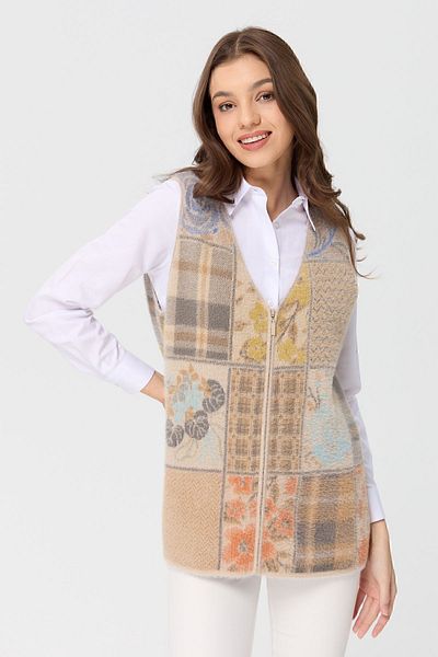Desen Triko Women's V-Neck Patchwork Vest Beige