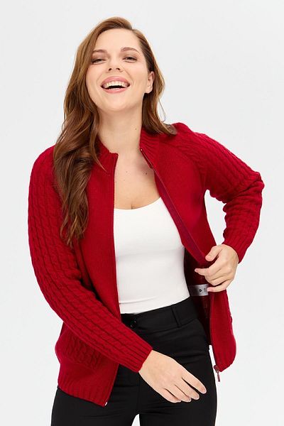Desen Triko Women's High Collar Pocket and Sleeve Hair Knitted Wool Cardigan Red.
