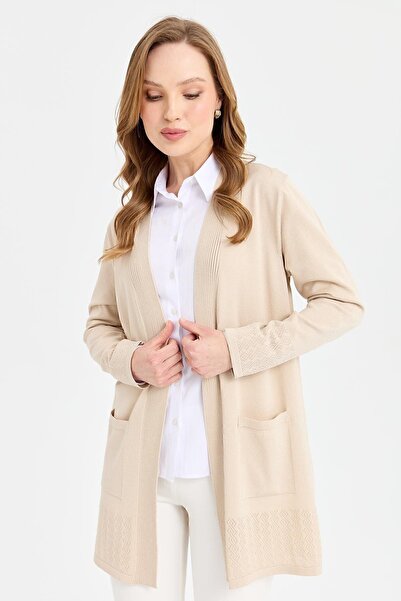 Desen Triko Women's Knitwear Araboy Summer Thin Jacket Beige