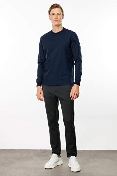 Desen Triko Navy Blue Men's T-Shirt - Crew Neck, Basic, Long Sleeve, Cotton