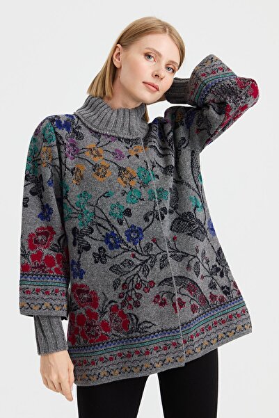 Desen Triko Γυναικείο Stand Collar Ivy Floral Μάλλινο Μπουφάν Καπνιστό