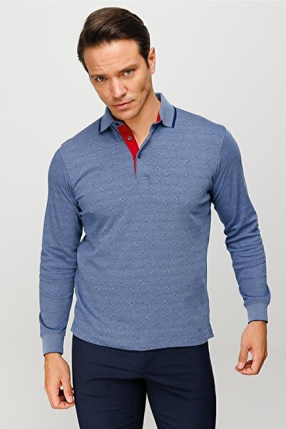 Desen Triko Ανδρικό μακρυμάνικο φούτερ με γιακά πόλο με τετράγωνο σχέδιο Navy Blue