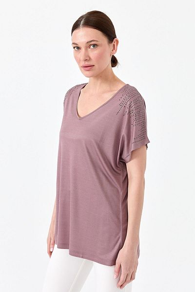 Desen Triko Γυναικείο T-shirt με λαιμόκοψη V με πέτρες ώμους χτενισμένο βαμβακερό δαμάσκηνο