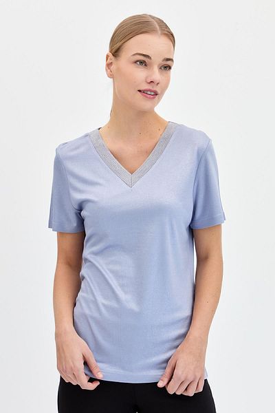 Desen Triko Tricou de damă cu decolteu în V din bumbac pieptănat cu dungi Albastru