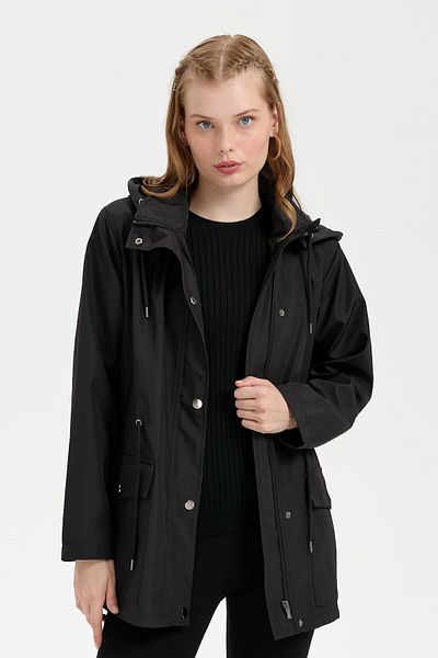 Desen Triko Women's Black Trench Coat - Hooded, Flap Pocket, Short